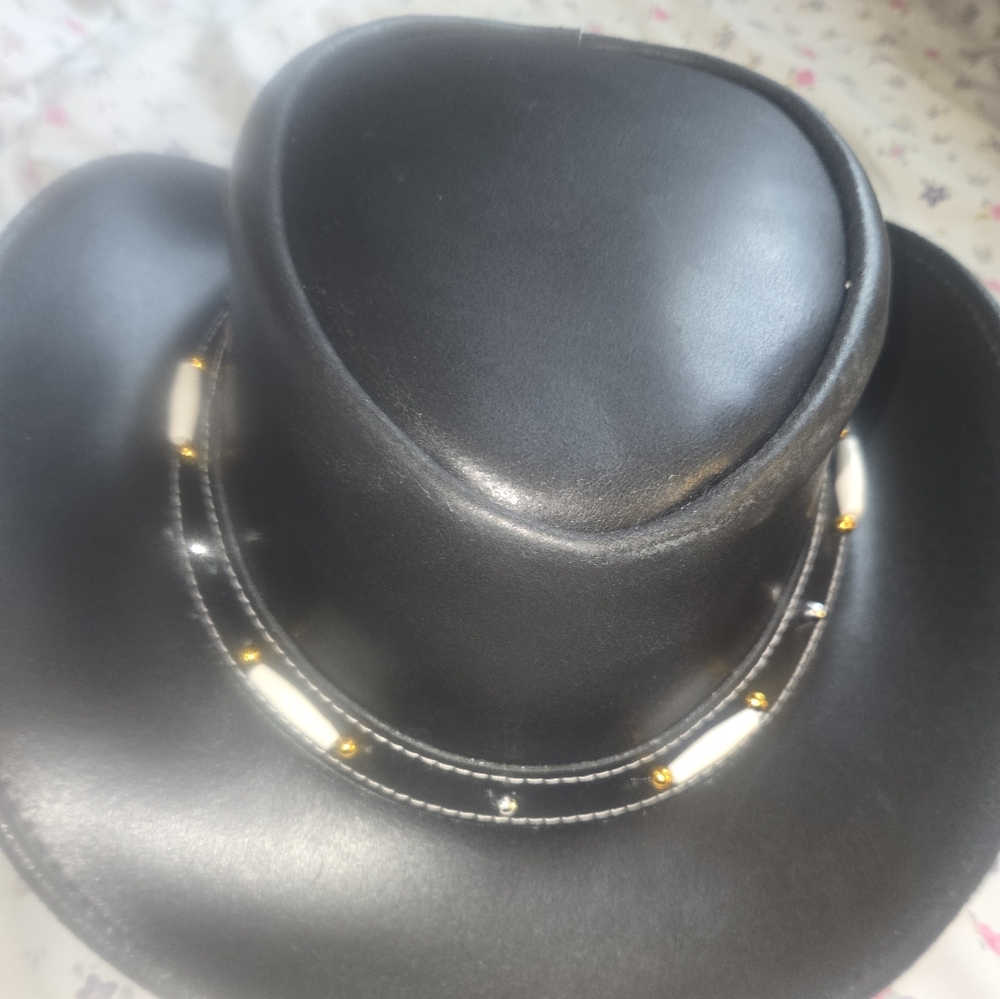 Black Leather Cowboy Hat with Beaded Band